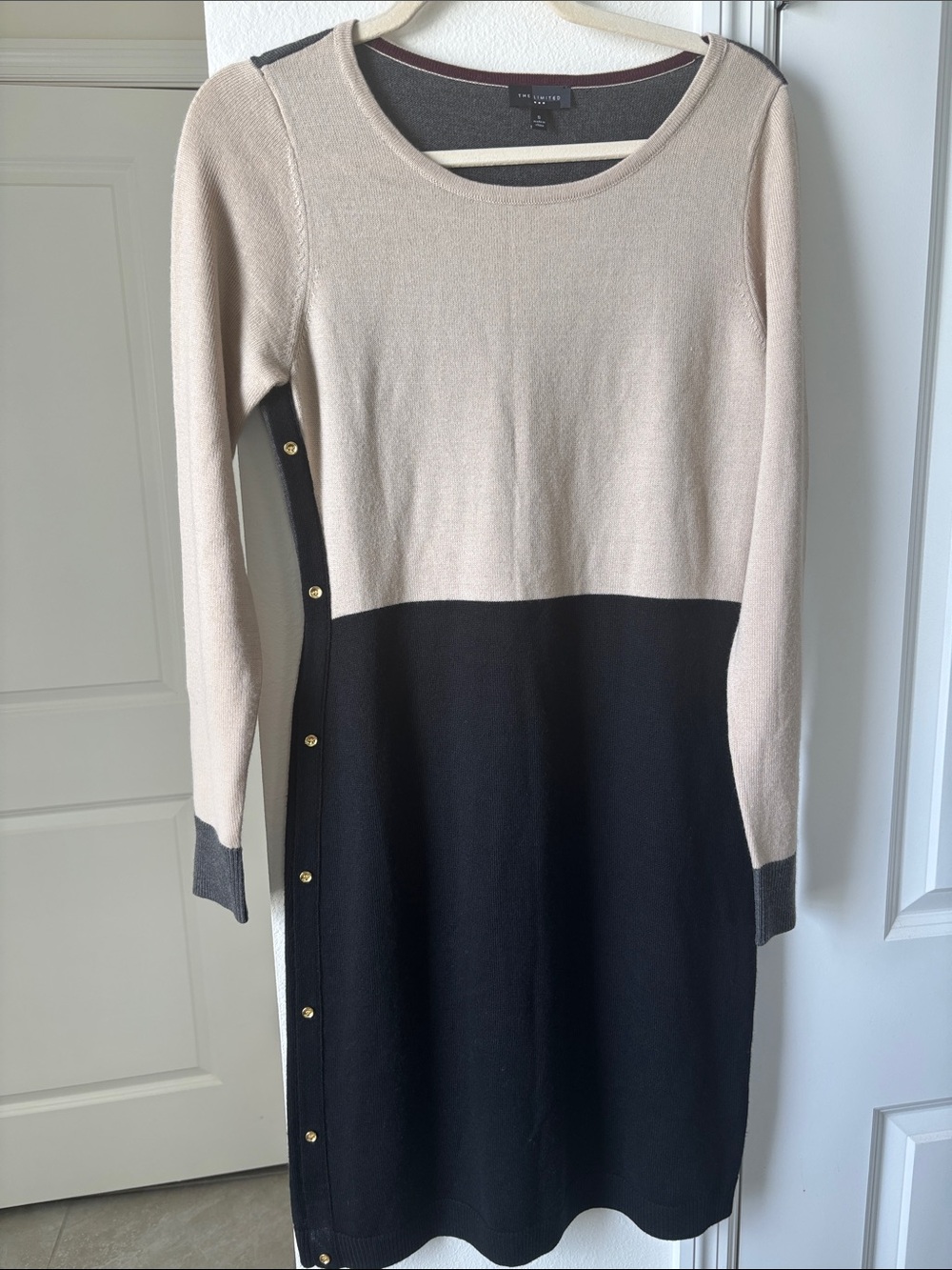 The Limited Two-Tone Long Sleeve Knit Dress in Beige and Black